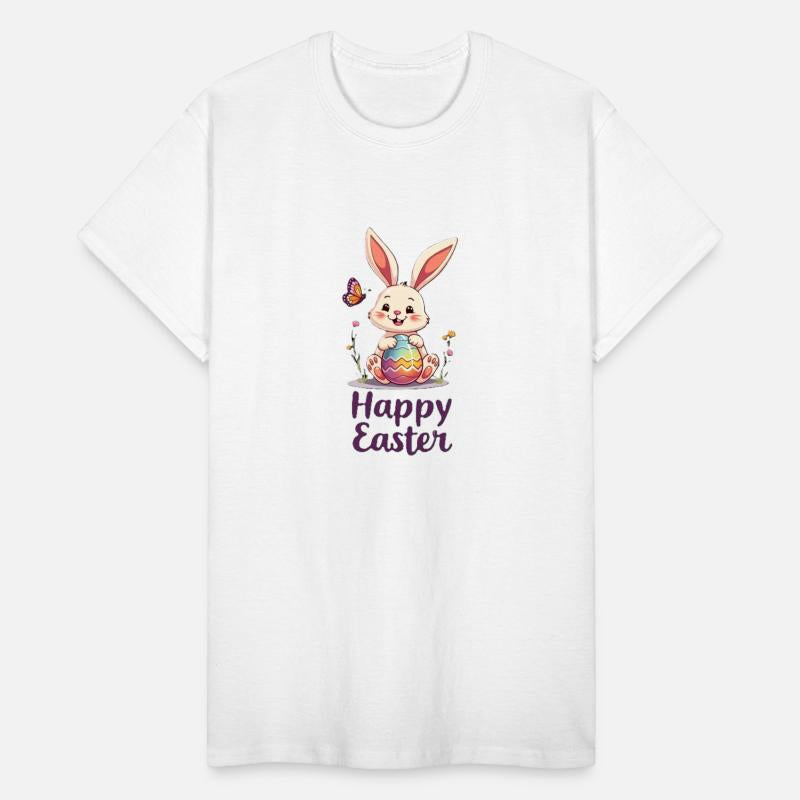 a cheerful cartoon rabbit holding Happy Easter