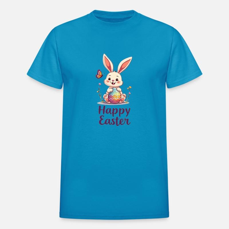 a cheerful cartoon rabbit holding Happy Easter