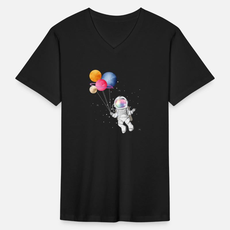 Astronaut with colorful planets as balloons