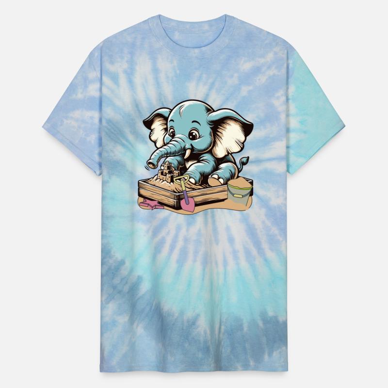 Cute blue cartoon elephant in sandbox